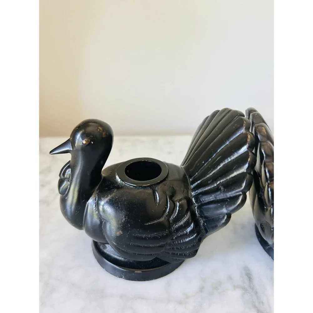 2 POTTERY BARN HEAVY BRONZE FIGURAL TURKEY TAPER CNDLE HOLDERS